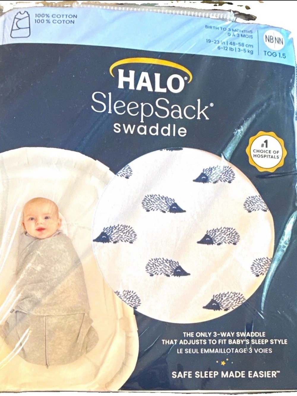 NWT Halo SleepSack Swaddle - White with Navy Hedgehog Print- NB